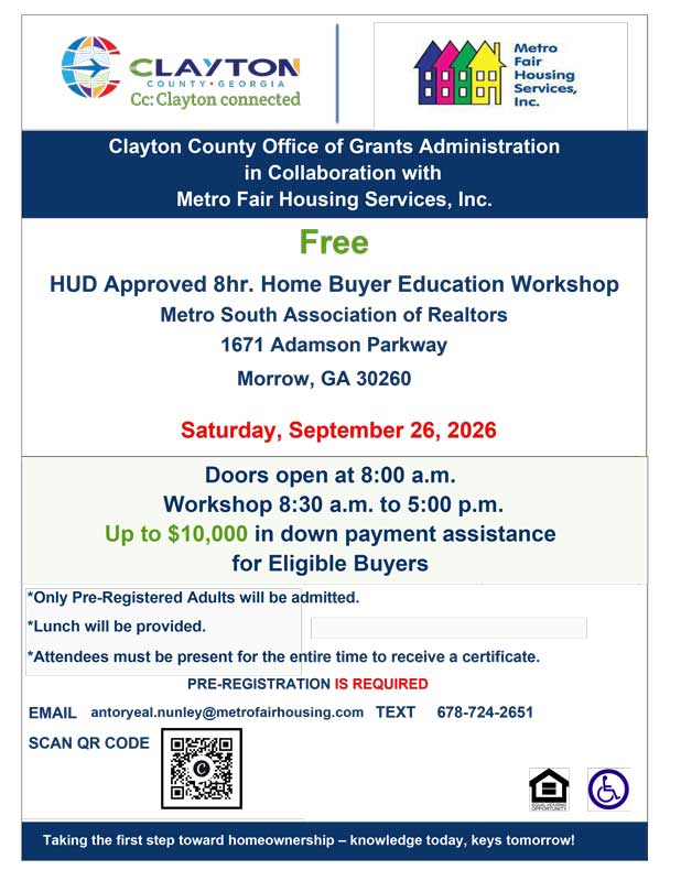 September 26, 2026 Free HUD Approved Home Buyer Education Workshopo Flyer